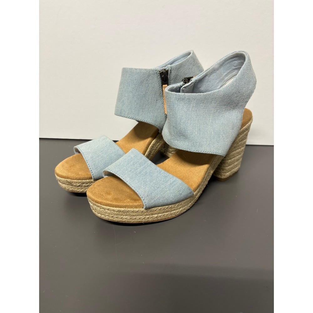Toms Denim Wedge Sandals Light Wash Zip Ankle Strap‎ Women's 8.5